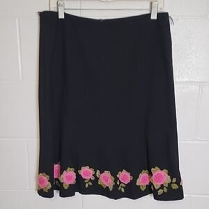 Black A-Line Tulip Skirt with Pink 3 D Floral Embellishments Y2K